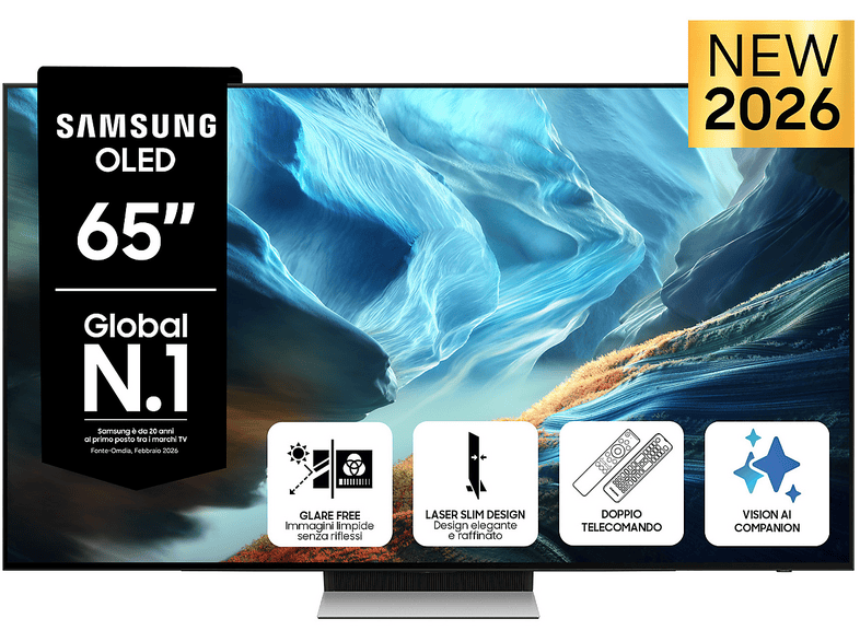 SAMSUNG OLED AI TV 65" QE65S90HAEXZT 4K, Processore NQ4 Gen3, 4K Upscaling Pro, Glare Free, HDR+, Motion Xcelerator 165Hz, Dolby Atmos & OTS Lite, Laser Slim Design, Vision Smart TV, 2026