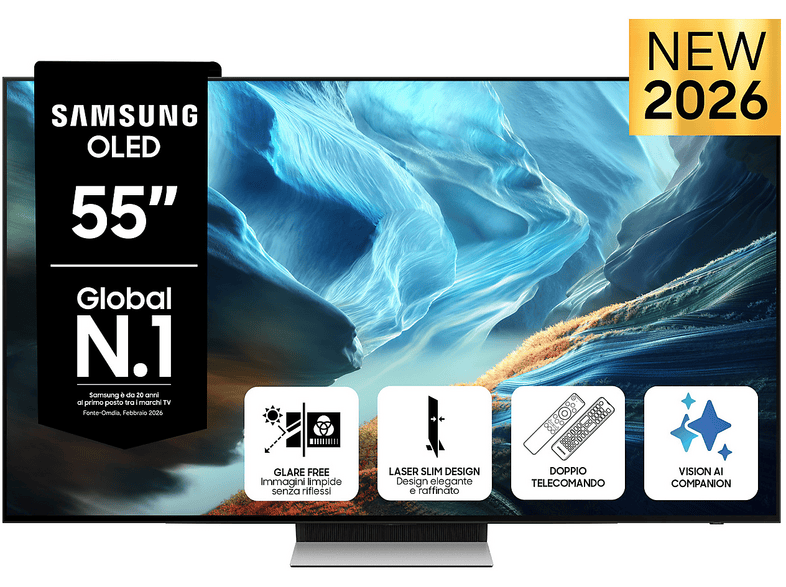 SAMSUNG OLED AI TV 55" QE55S90HAEXZT 4K, Processore NQ4 Gen3, 4K Upscaling Pro, Glare Free, HDR+, Motion Xcelerator 165Hz, Dolby Atmos & OTS Lite, Laser Slim Design, Vision Smart TV, 2026