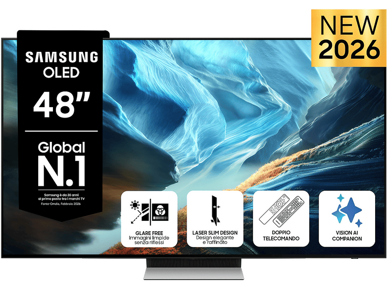 SAMSUNG OLED AI TV 48" QE48S90HAEXZT 4K, Processore NQ4 Gen3, 4K Upscaling Pro, Glare Free, HDR+, Motion Xcelerator 165Hz, Dolby Atmos & OTS Lite, Laser Slim Design, Vision Smart TV, 2026