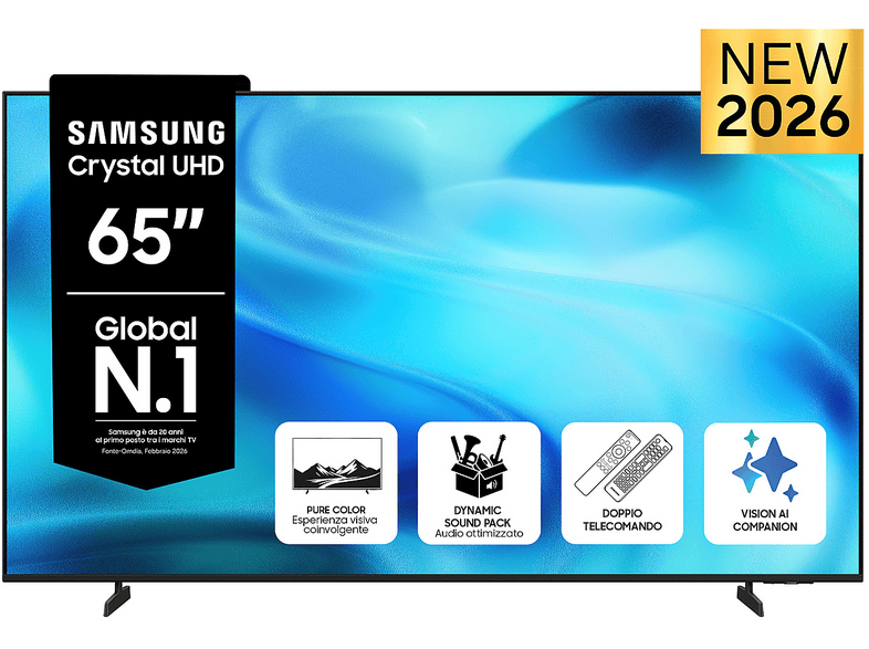 Samsung Crystal AI TV 65" UE65U8000HUXZT 4K, Processore 4K, 4K Upscaling, Motion Xcelerator, HDR, Contrast Enhancer, OTS Lite, Metal Stream Design, Vision Smart TV, 2026