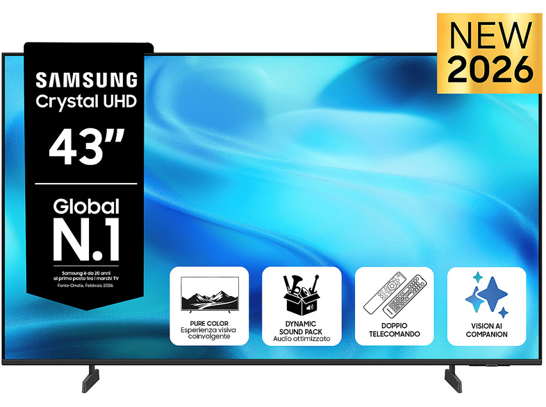 Samsung Crystal AI TV 43" UE43U8000HUXZT 4K, Processore 4K, 4K Upscaling, Motion Xcelerator, HDR, Contrast Enhancer, OTS Lite, Metal Stream Design, Vision Smart TV, 2026