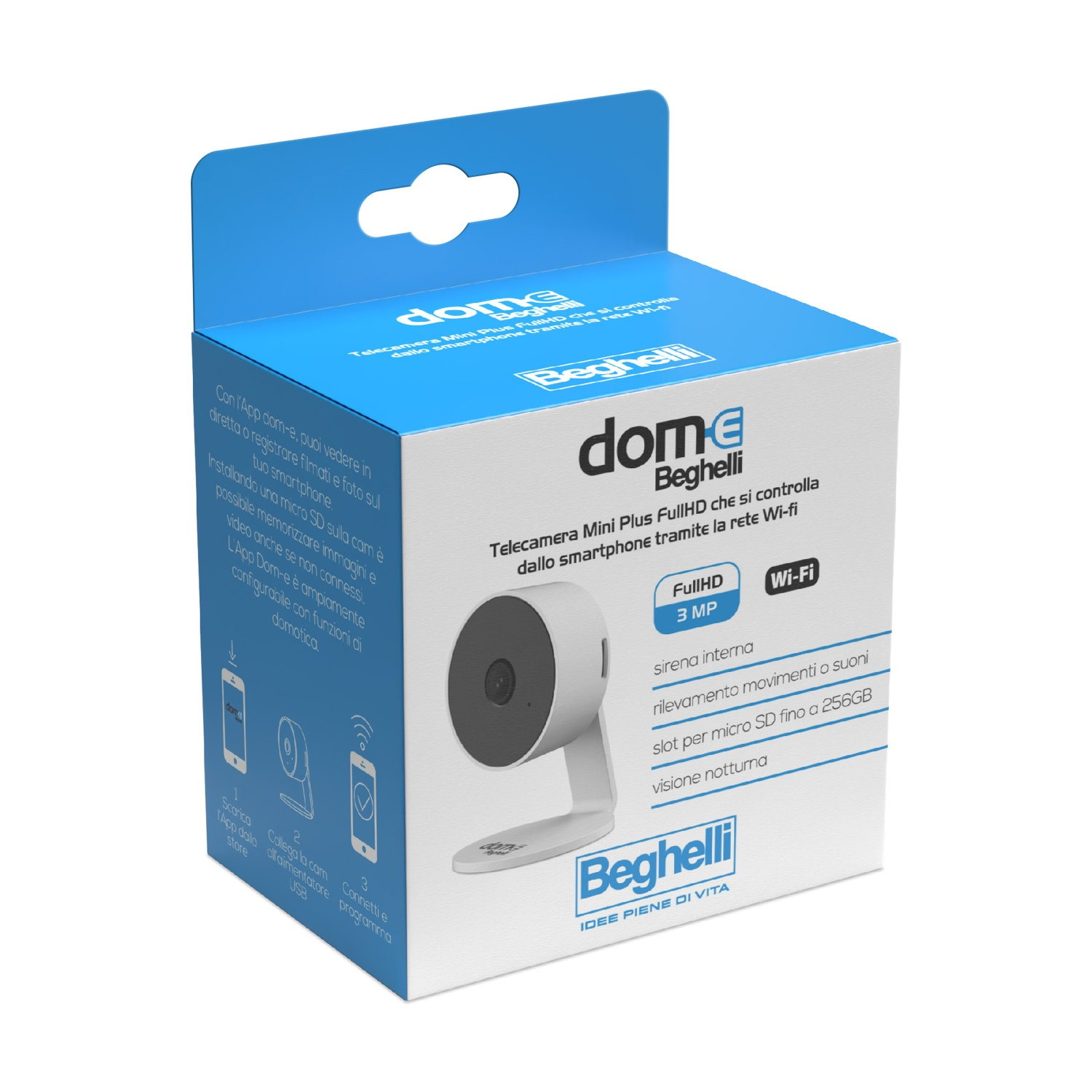 Confezione di prodotto blu e bianca per la telecamera di sicurezza Beghelli Dome Mini Plus WiFi su sfondo bianco.