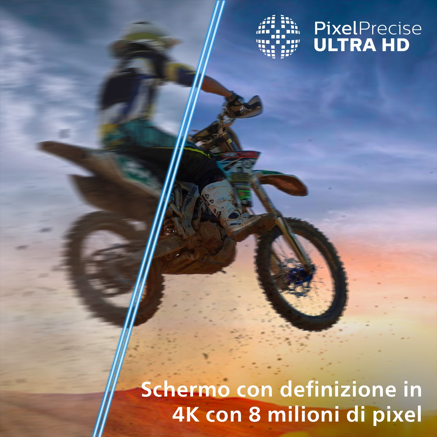 Un pilota di motocross salta in aria, dimostrando la qualità d'immagine Ultra HD.