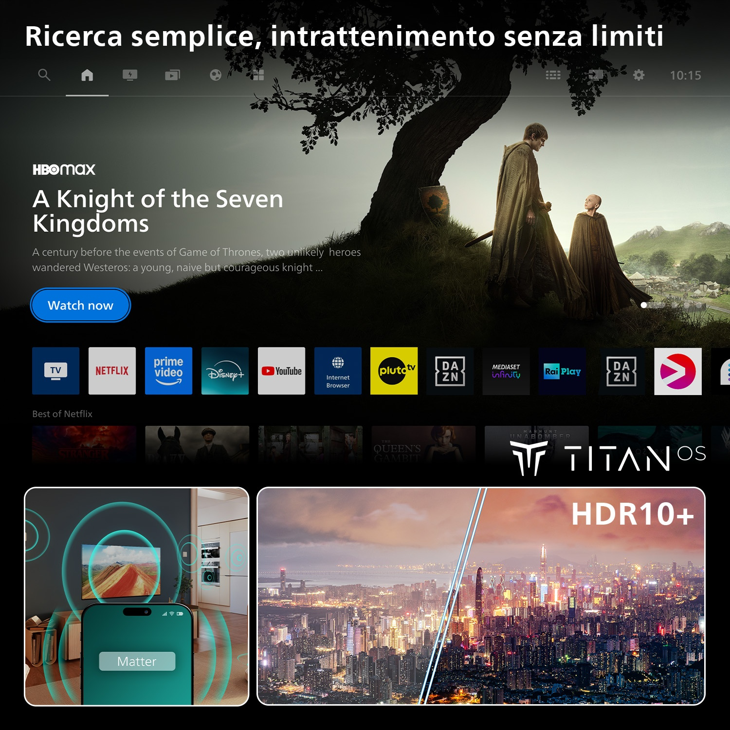 Interfaccia Smart TV con HBO Max, icone app e paesaggio urbano HDR10+.