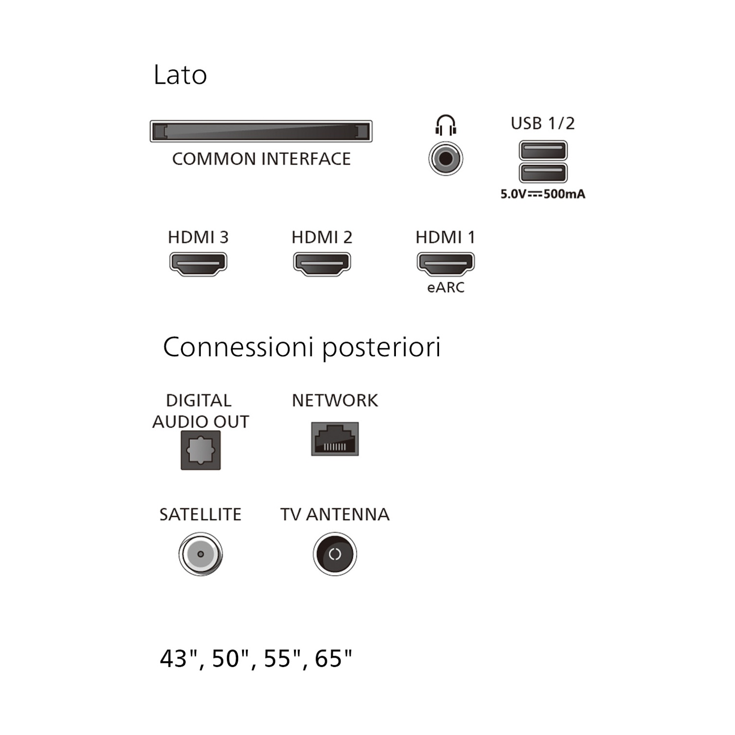 Diagramma che mostra le porte laterali e posteriori di un televisore, inclusi HDMI, USB, audio e antenna.