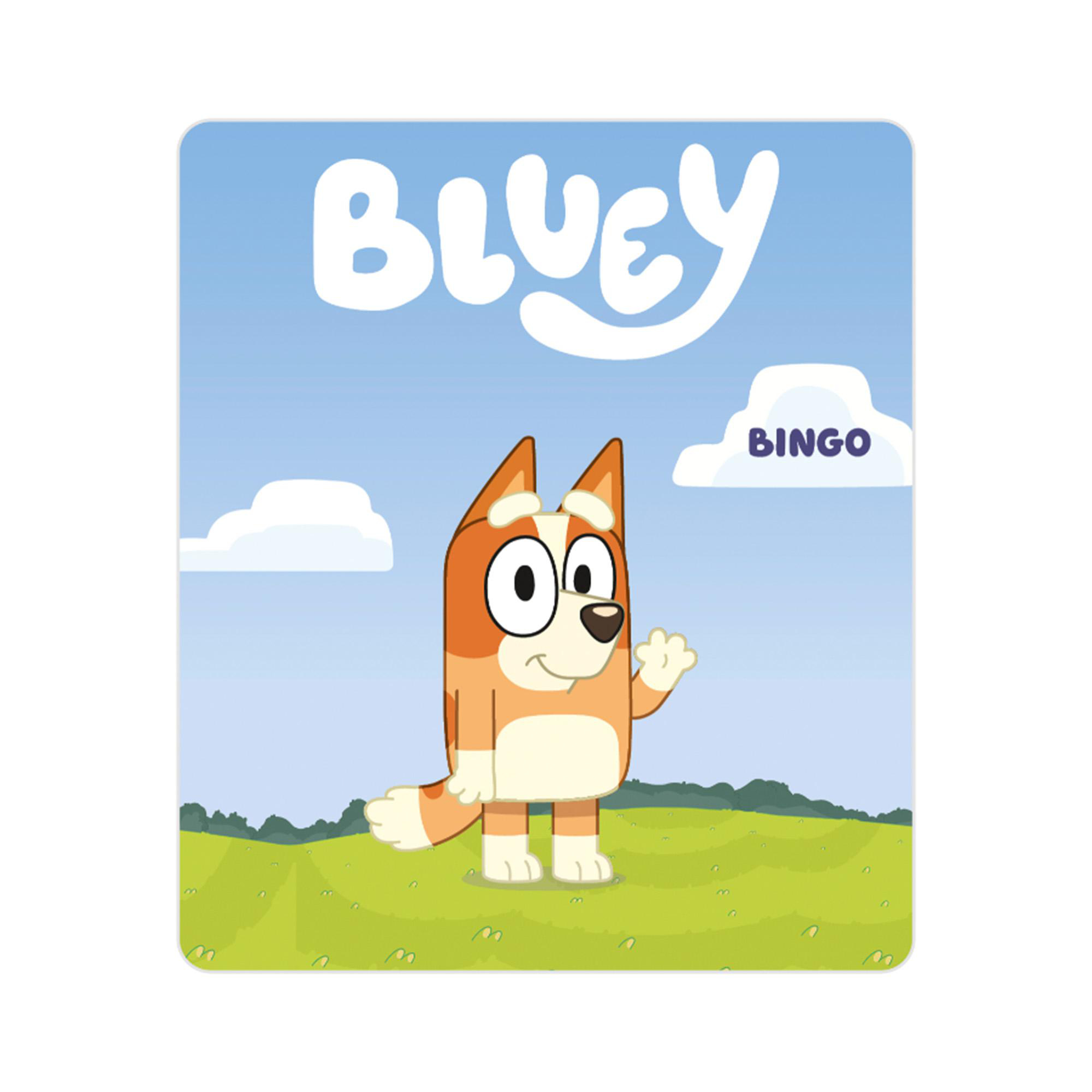 Bingo aus Bluey winkt auf einer grünen Wiese mit blauem Himmel im Hintergrund.