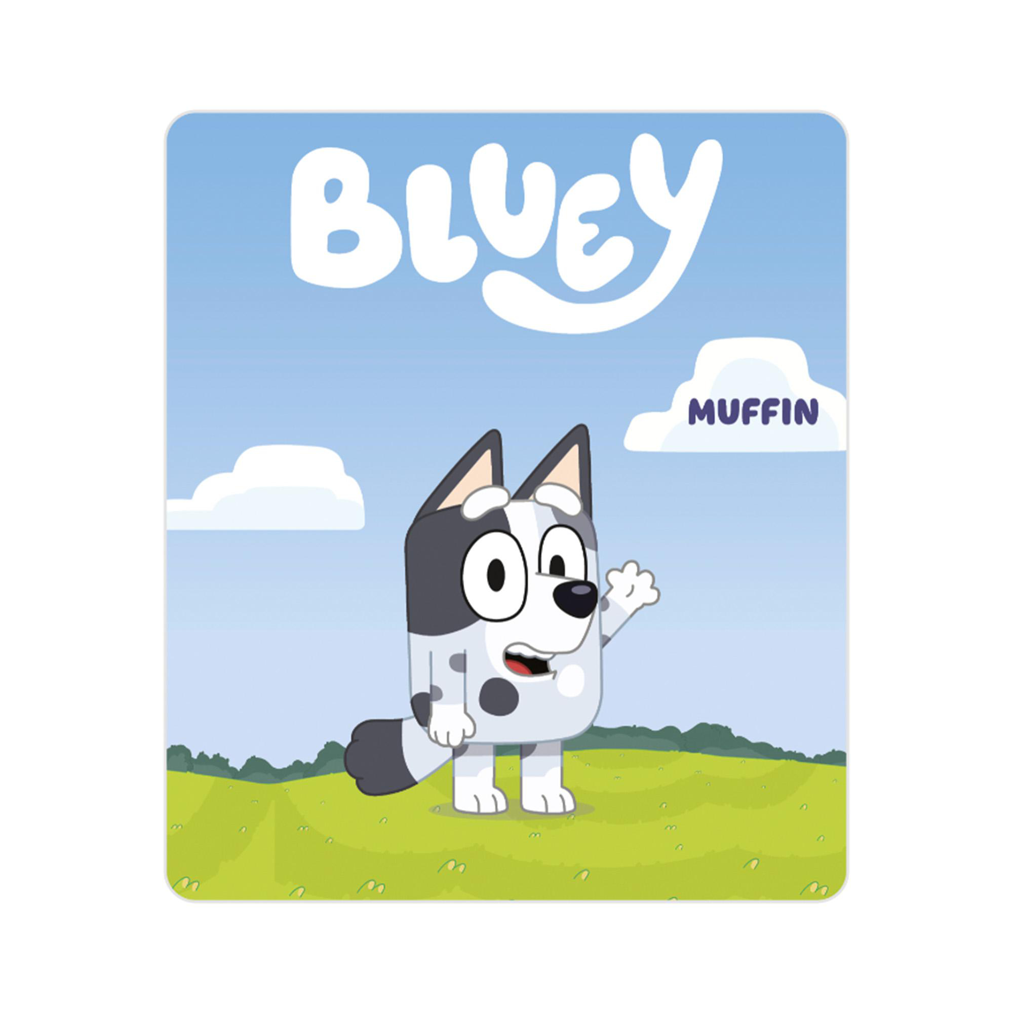 Muffin aus Bluey winkt auf einer grünen Wiese unter blauem Himmel mit der Aufschrift Bluey.
