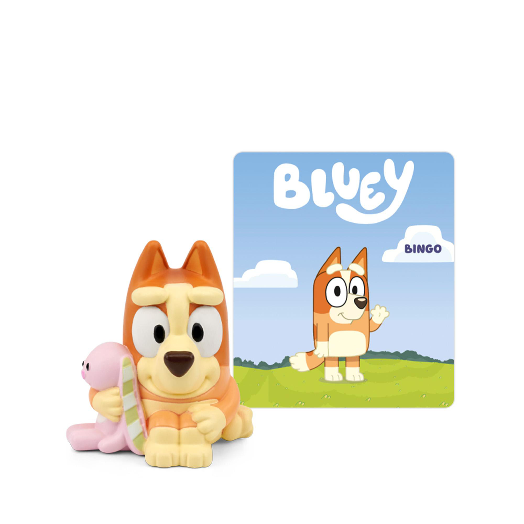Eine Bingo-Figur aus der Serie Bluey hält ein Plüschtier neben einer Bildkarte vor weißem Hintergrund.