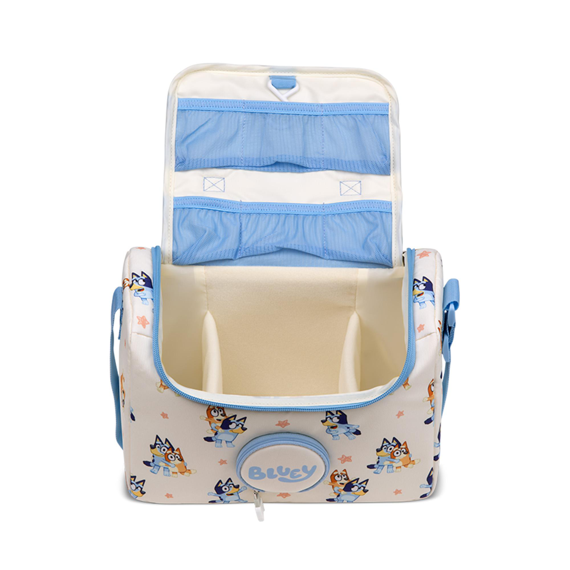 Geöffnete helle Bluey-Tasche mit blauem Futter und blauen Trennwänden.