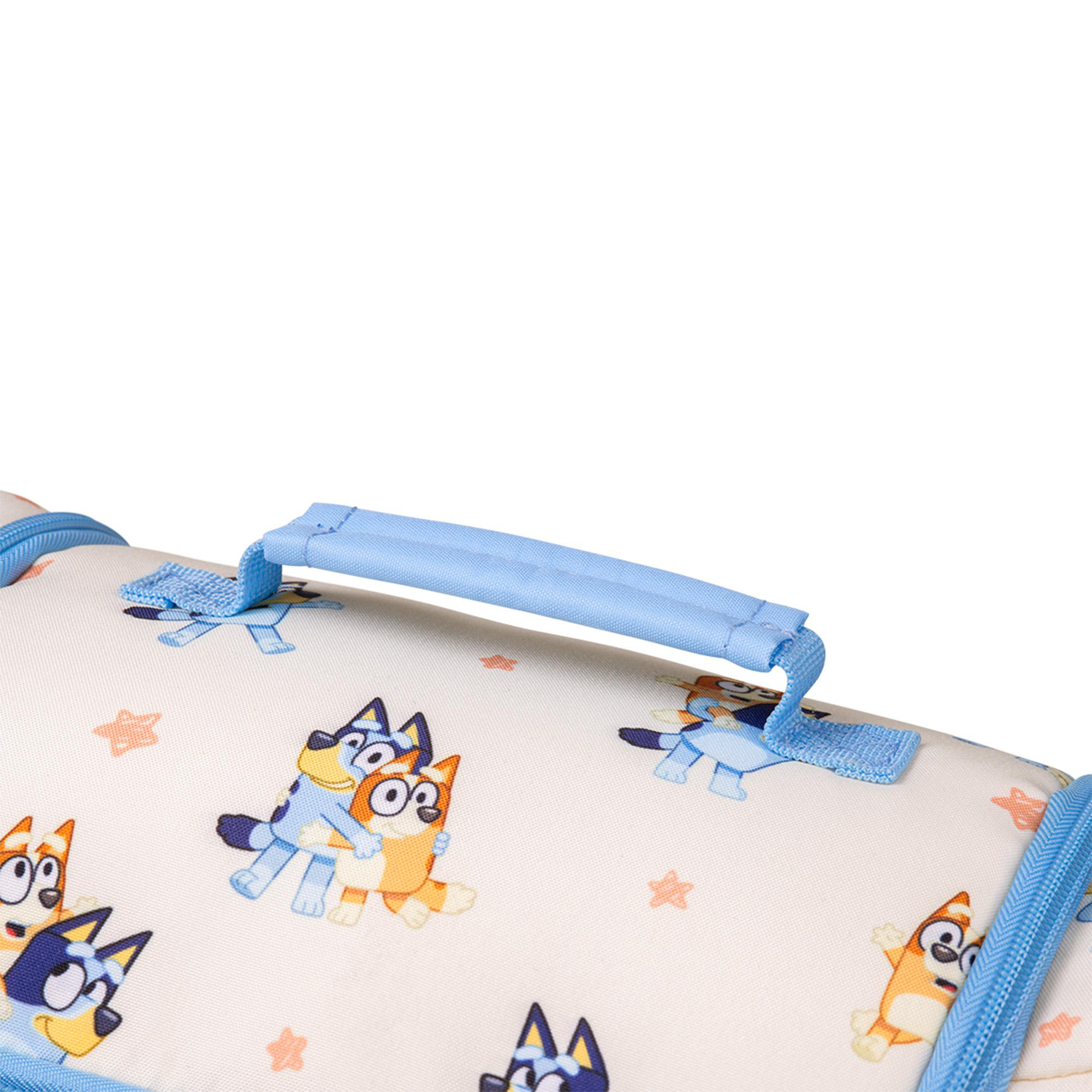 Blaue und orangefarbene Cartoon-Hunde auf einem hellen Etui mit blauem Griff und Reißverschluss.