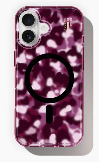 Rosa-lila Camouflage-Handyhülle mit schwarzem MagSafe-Ring auf der Rückseite und Dual-Kamera-Ausschnitt.