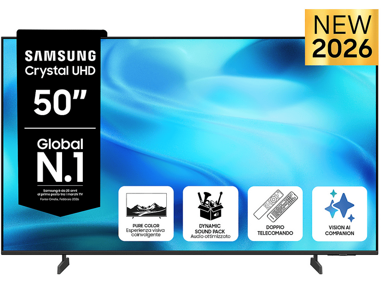 Samsung Crystal AI TV 50" UE50U8000HUXZT 4K, Processore 4K, 4K Upscaling, Motion Xcelerator, HDR, Contrast Enhancer, OTS Lite, Metal Stream Design, Vision Smart TV, 2026