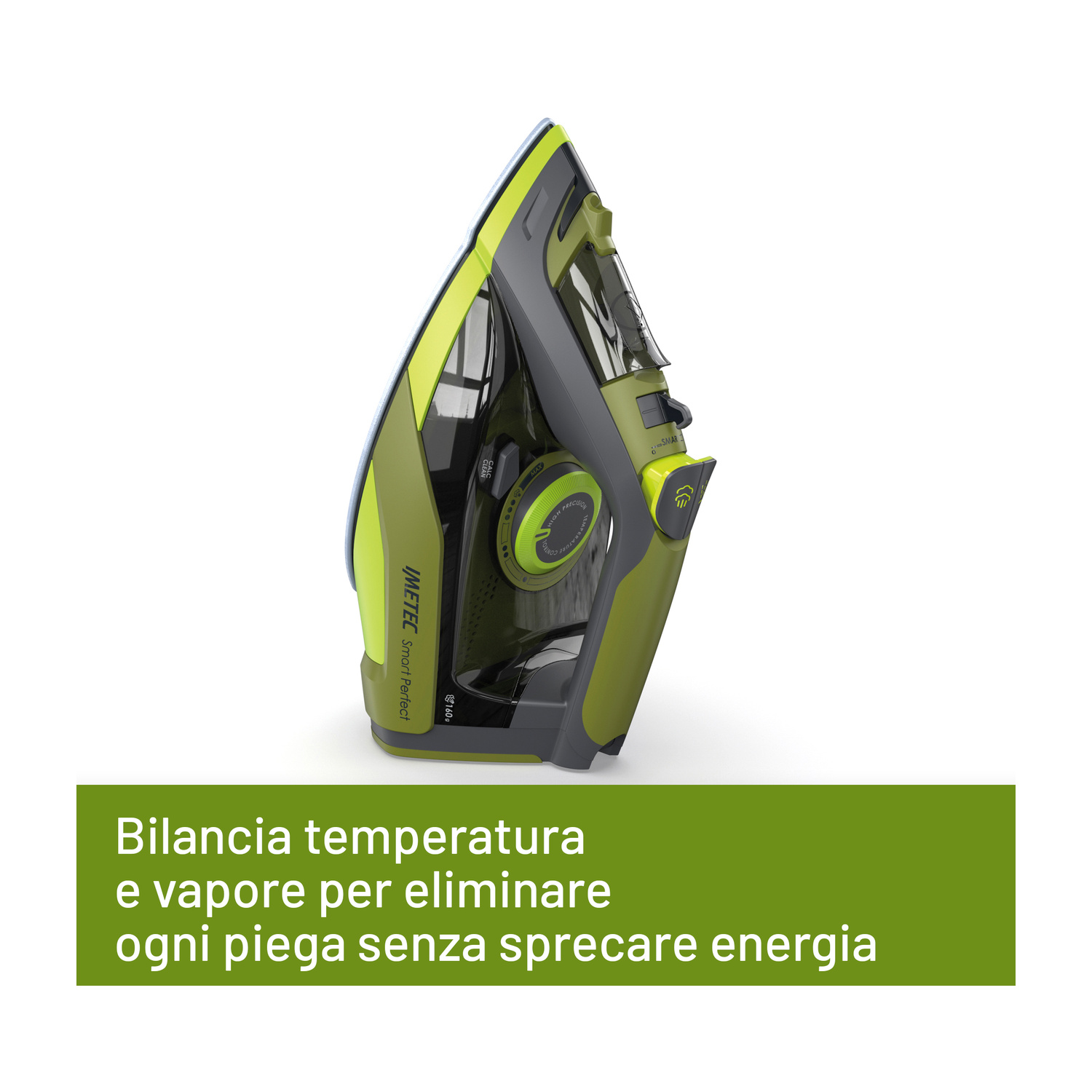 Ferro da stiro verde e grigio su sfondo bianco con testo in italiano.