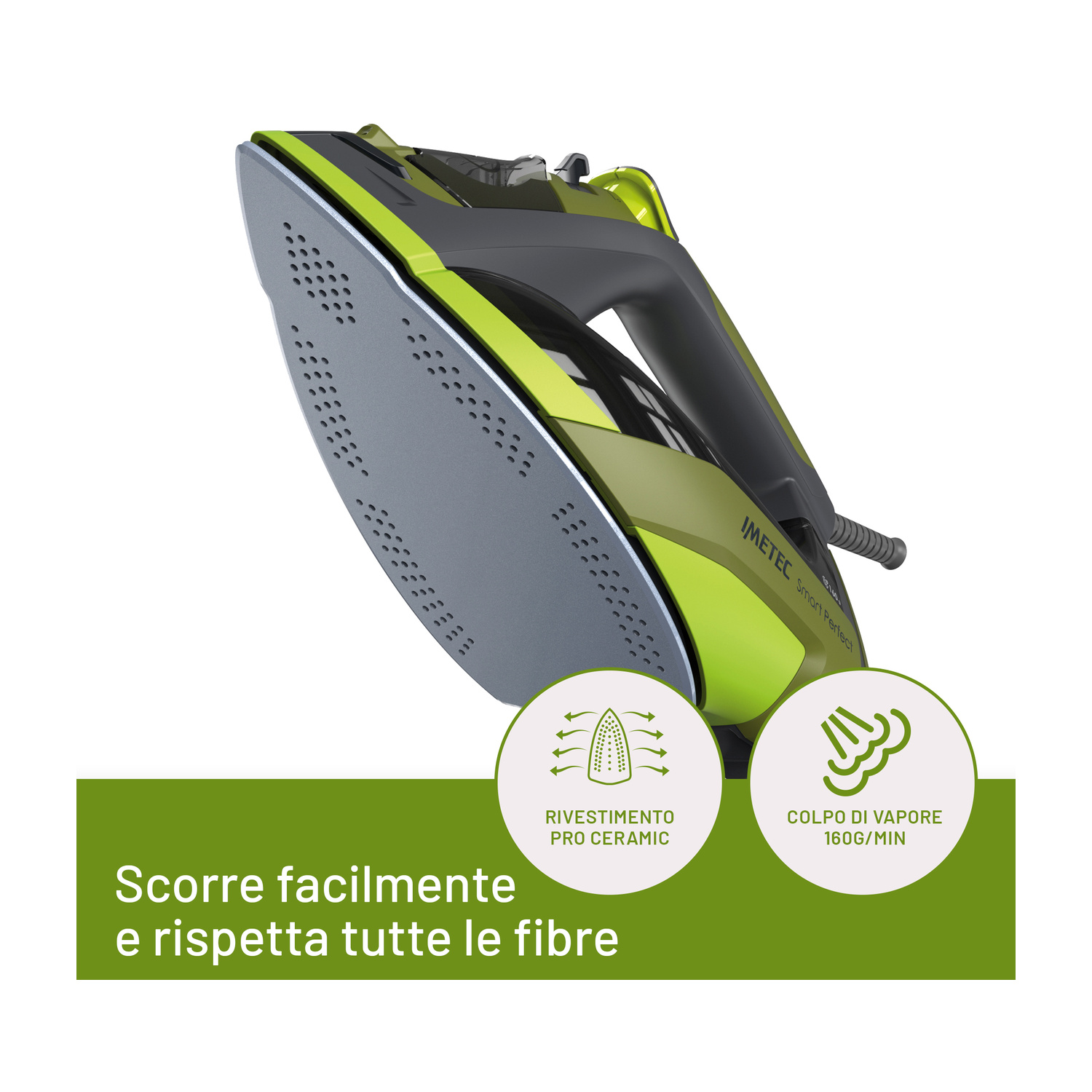 Ferro da stiro Imetec verde con piastra in ceramica, due icone di funzione e testo promozionale su sfondo bianco.