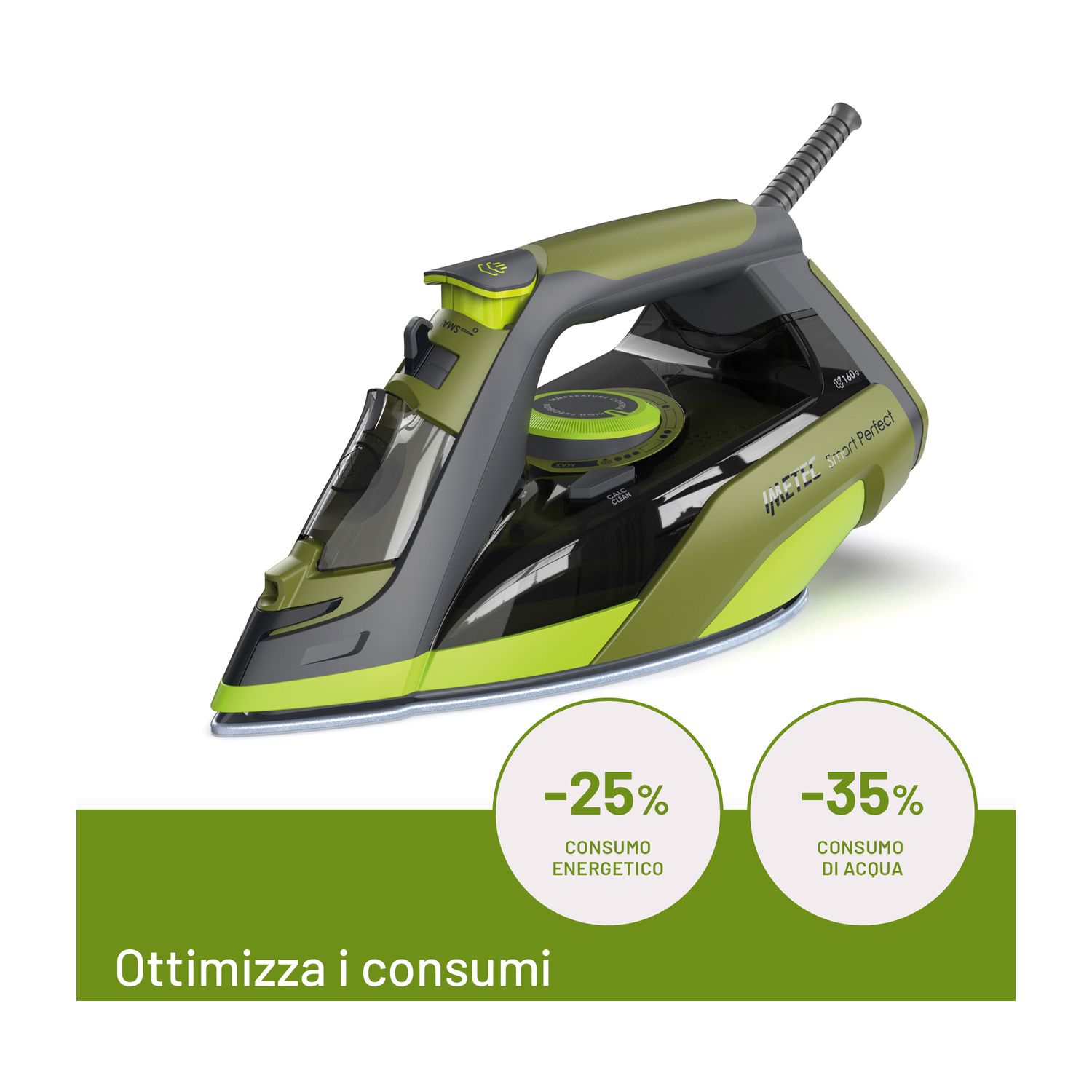 Ferro da stiro a vapore verde su sfondo bianco con cerchi promozionali per -25% energia e -35% acqua.