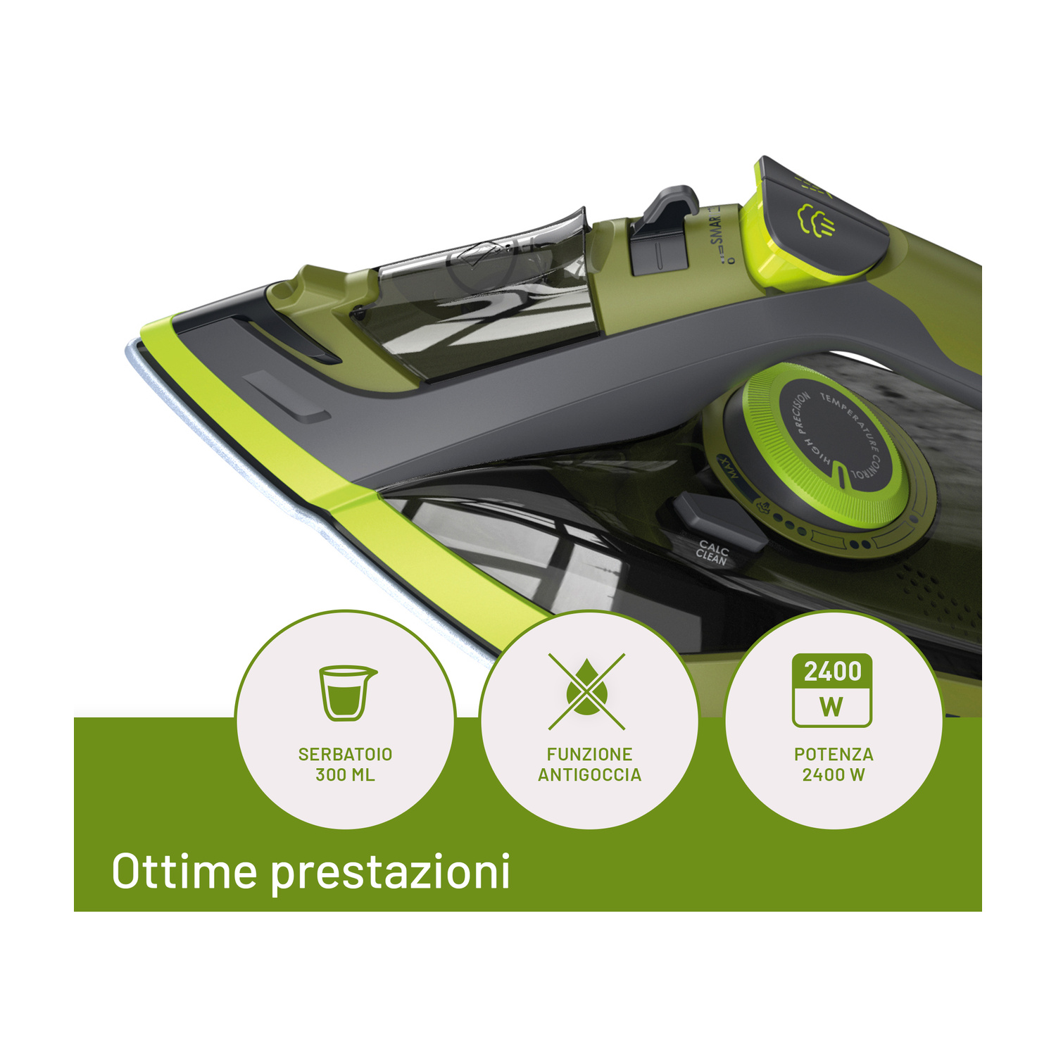Ferro da stiro a vapore verde con serbatoio da 300 ml, funzione antigoccia e 2400 W.