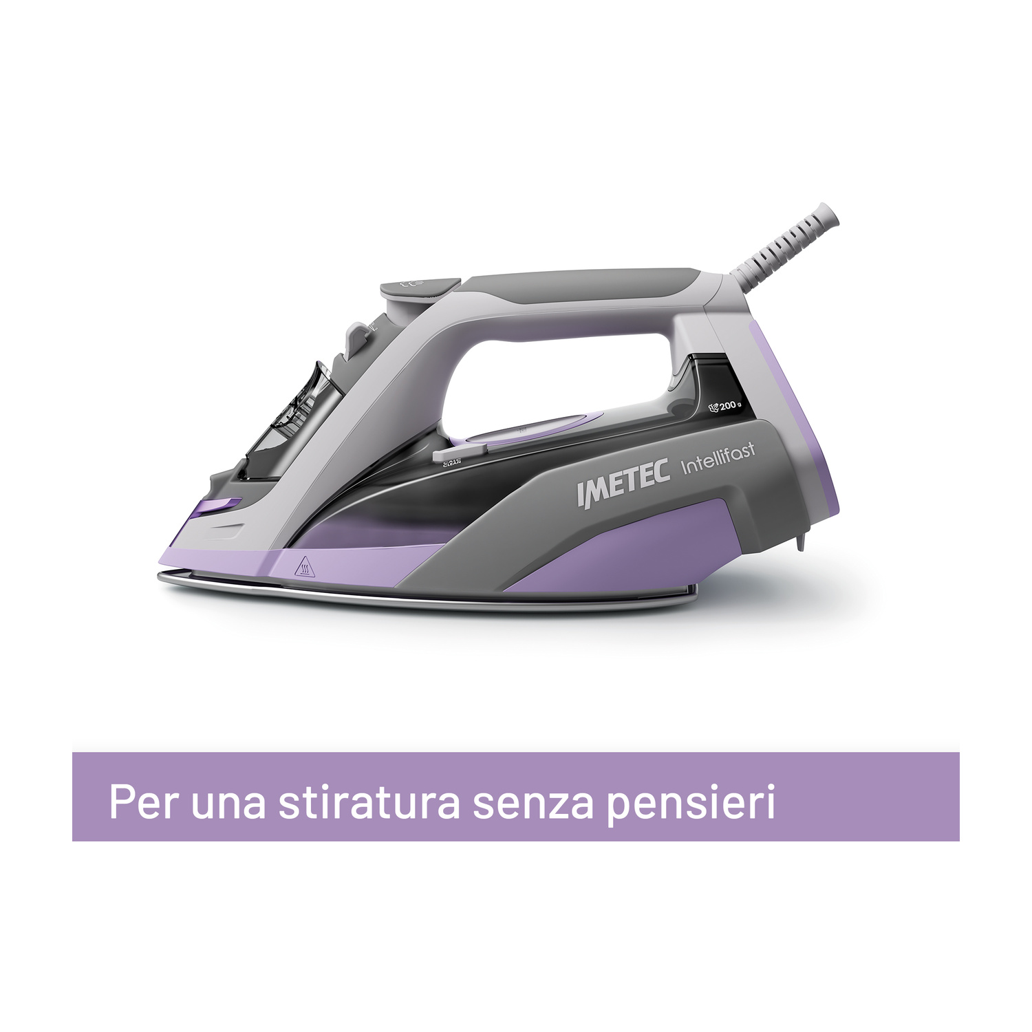 Ferro da stiro Imetec Intellifast viola e grigio su sfondo bianco con testo in italiano.