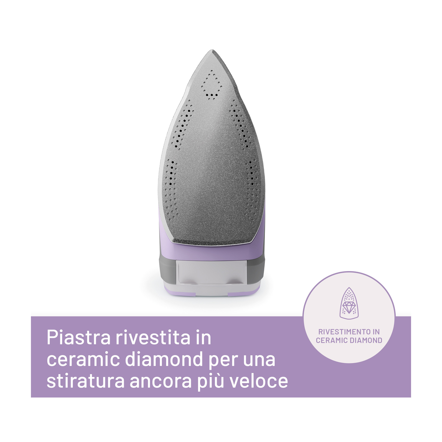 Vista inferiore della piastra di un ferro da stiro viola e grigio con fori per il vapore.