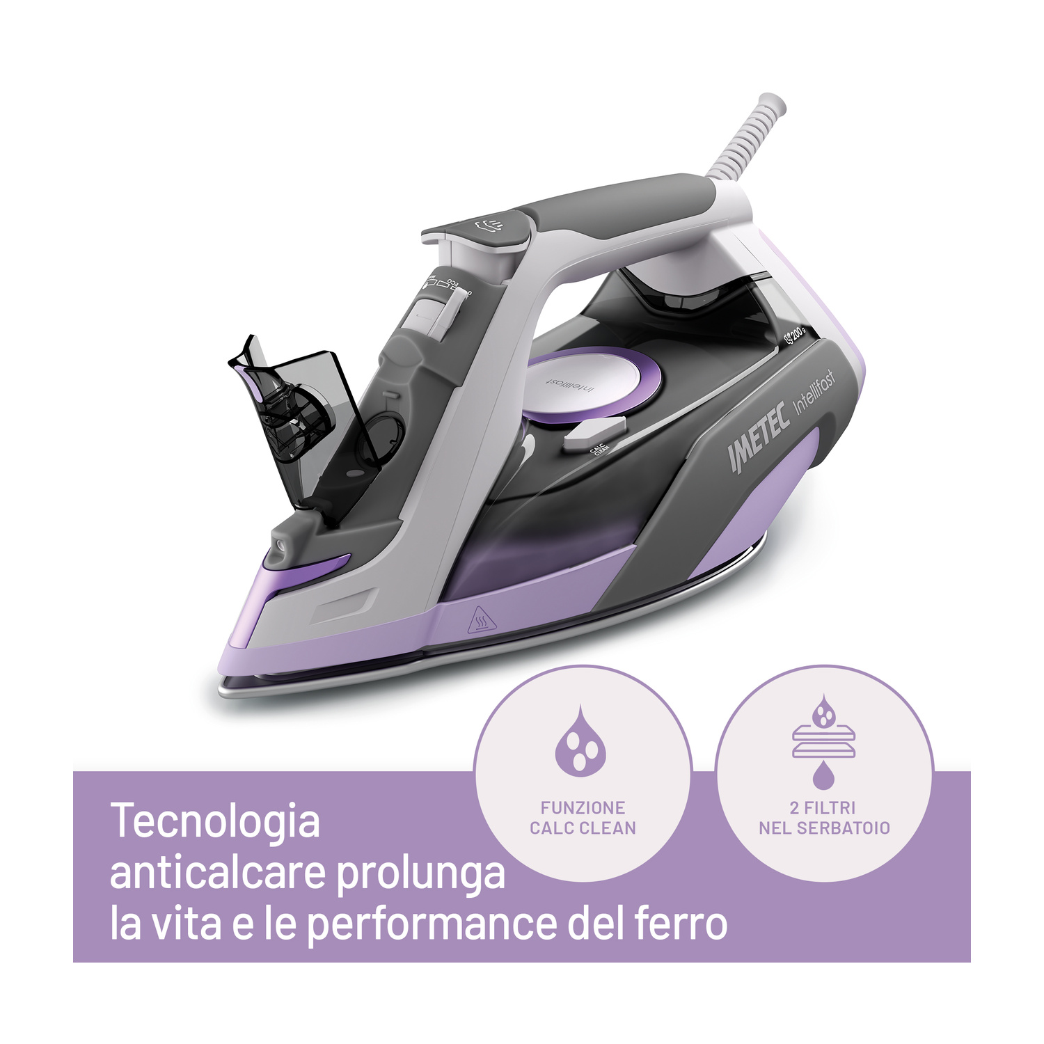 Ferro da stiro Imetec grigio e viola con coperchio serbatoio aperto, con icone anticalcare e filtri in basso.