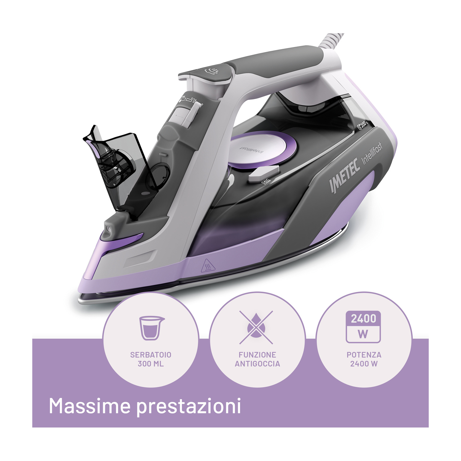 Un ferro da stiro Imetec grigio e viola con serbatoio aperto e tre icone circolari sotto.