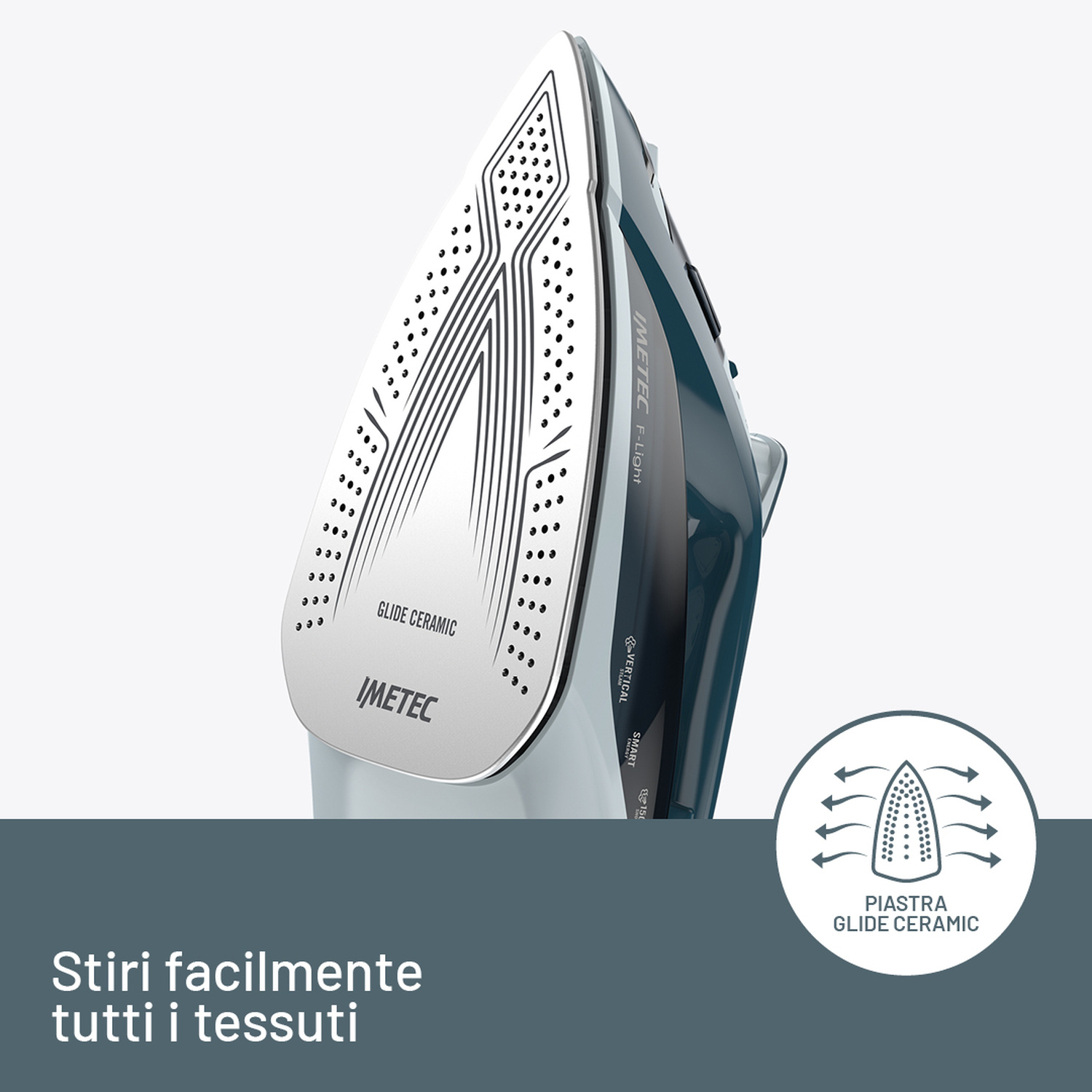 Ferro da stiro Imetec blu con piastra in ceramica, testo Stiri facilmente tutti i tessuti.