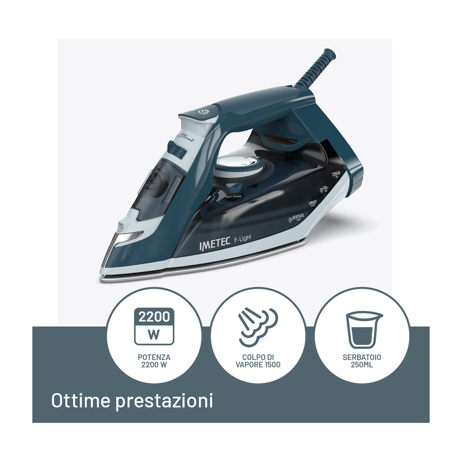 Un ferro da stiro a vapore blu scuro e nero con tre icone di caratteristiche sotto.
