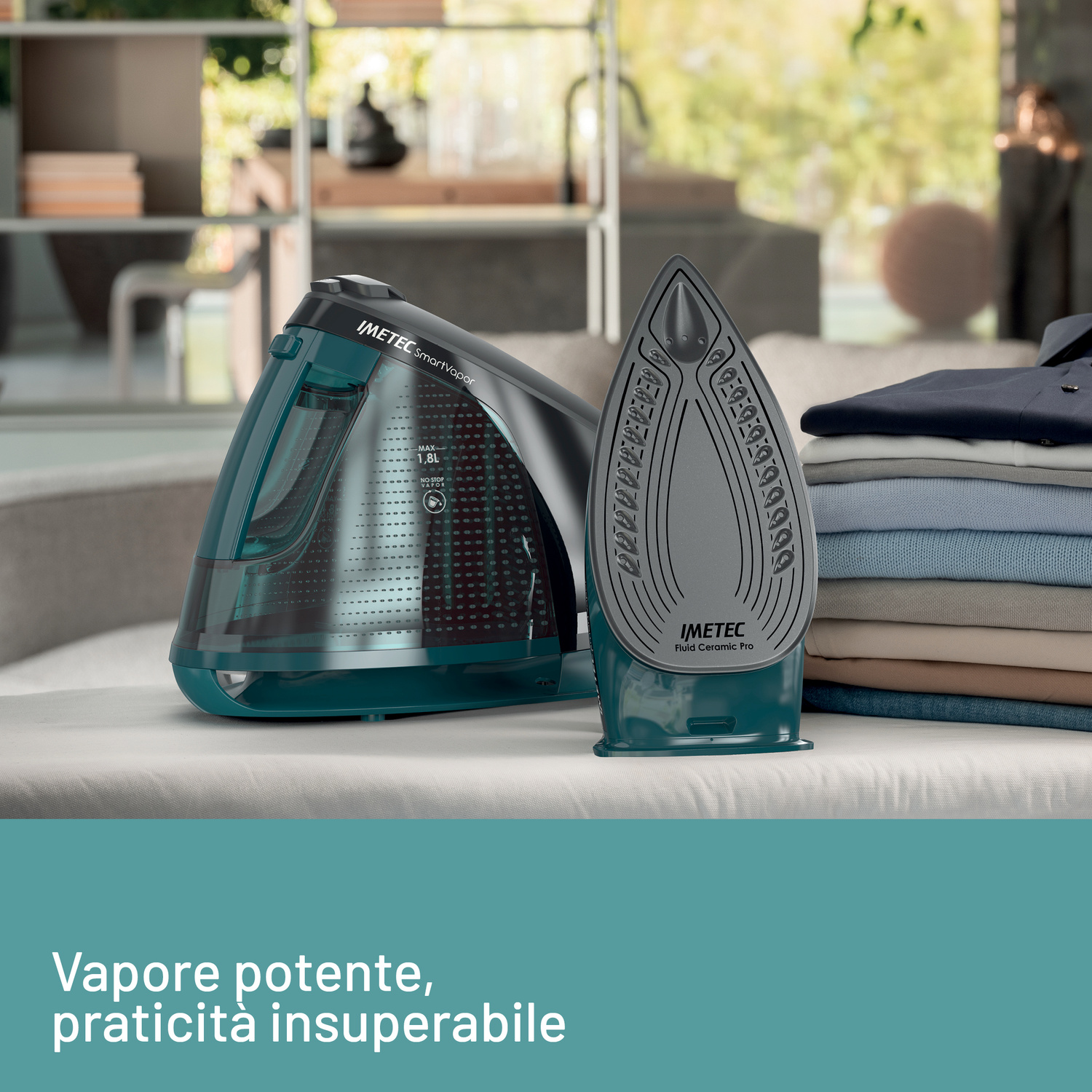 FERRO A VAPORE IMETEC SMARTVAPOR, Potenza 2400 W, Potenza pompa 6 bar, Vapore continuo fino a  350 g/min, Sistema anticalcare integrato, Capacità serbatoio 1,8 l, Piastra in Piastra in ceramica