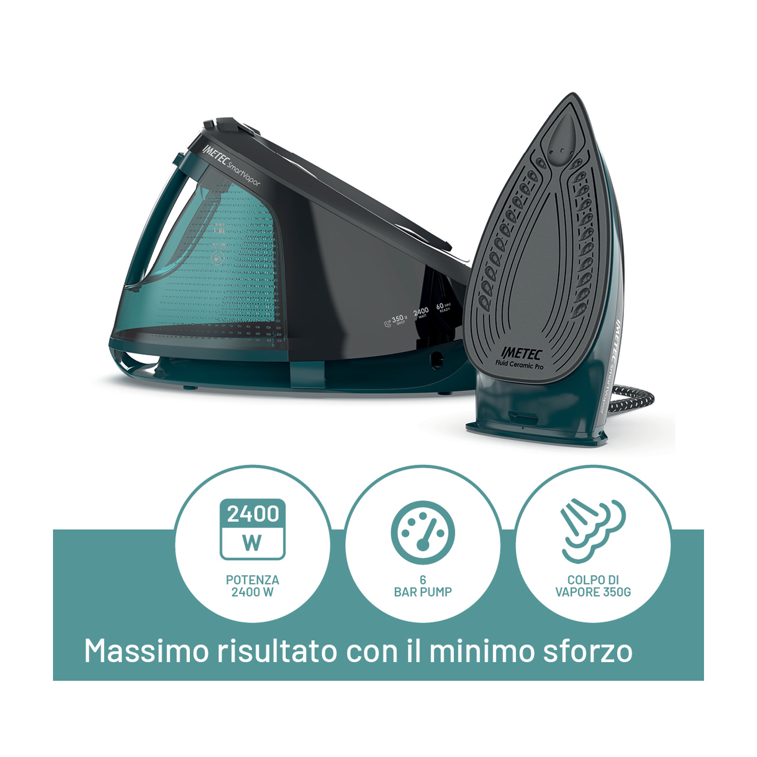 FERRO A VAPORE IMETEC SMARTVAPOR, Potenza 2400 W, Potenza pompa 6 bar, Vapore continuo fino a  350 g/min, Sistema anticalcare integrato, Capacità serbatoio 1,8 l, Piastra in Piastra in ceramica