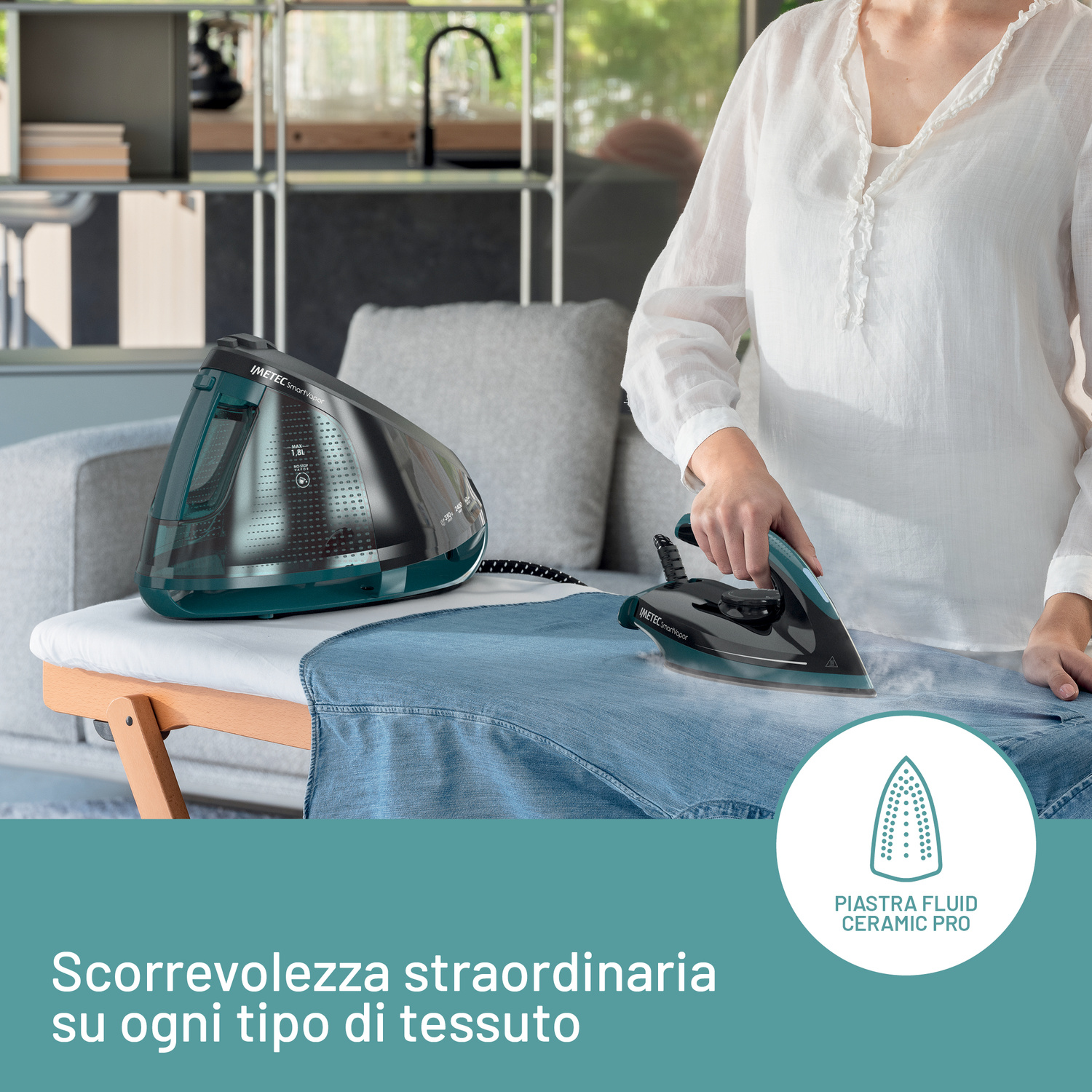 FERRO A VAPORE IMETEC SMARTVAPOR, Potenza 2400 W, Potenza pompa 6 bar, Vapore continuo fino a  350 g/min, Sistema anticalcare integrato, Capacità serbatoio 1,8 l, Piastra in Piastra in ceramica