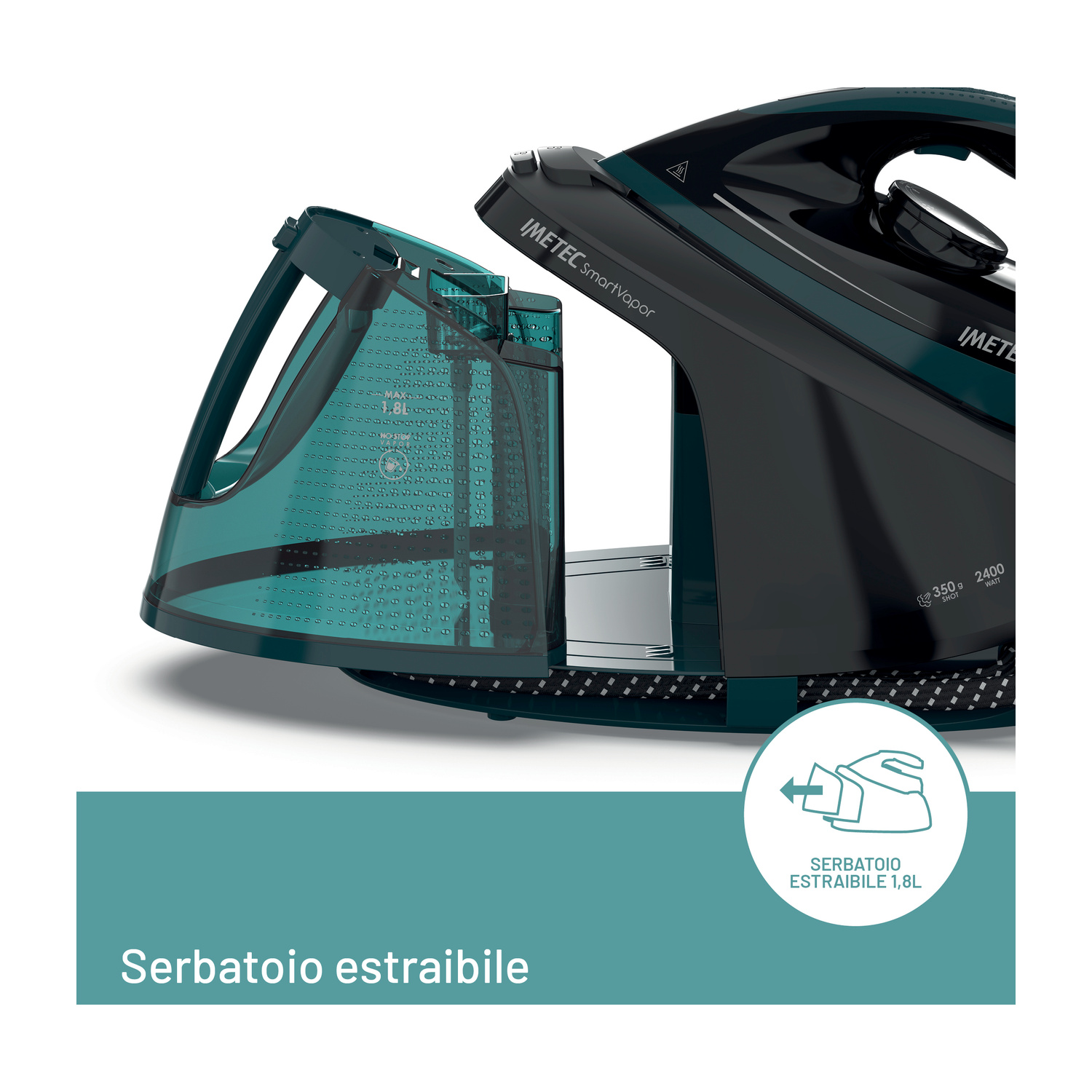 FERRO A VAPORE IMETEC SMARTVAPOR, Potenza 2400 W, Potenza pompa 6 bar, Vapore continuo fino a  350 g/min, Sistema anticalcare integrato, Capacità serbatoio 1,8 l, Piastra in Piastra in ceramica