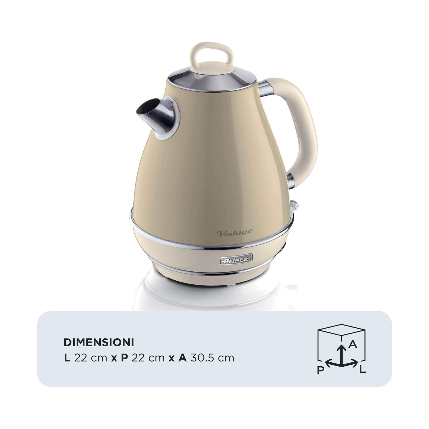 Bollitore elettrico Ariete vintage beige con finiture cromate su fondo bianco, con indicazione delle dimensioni.