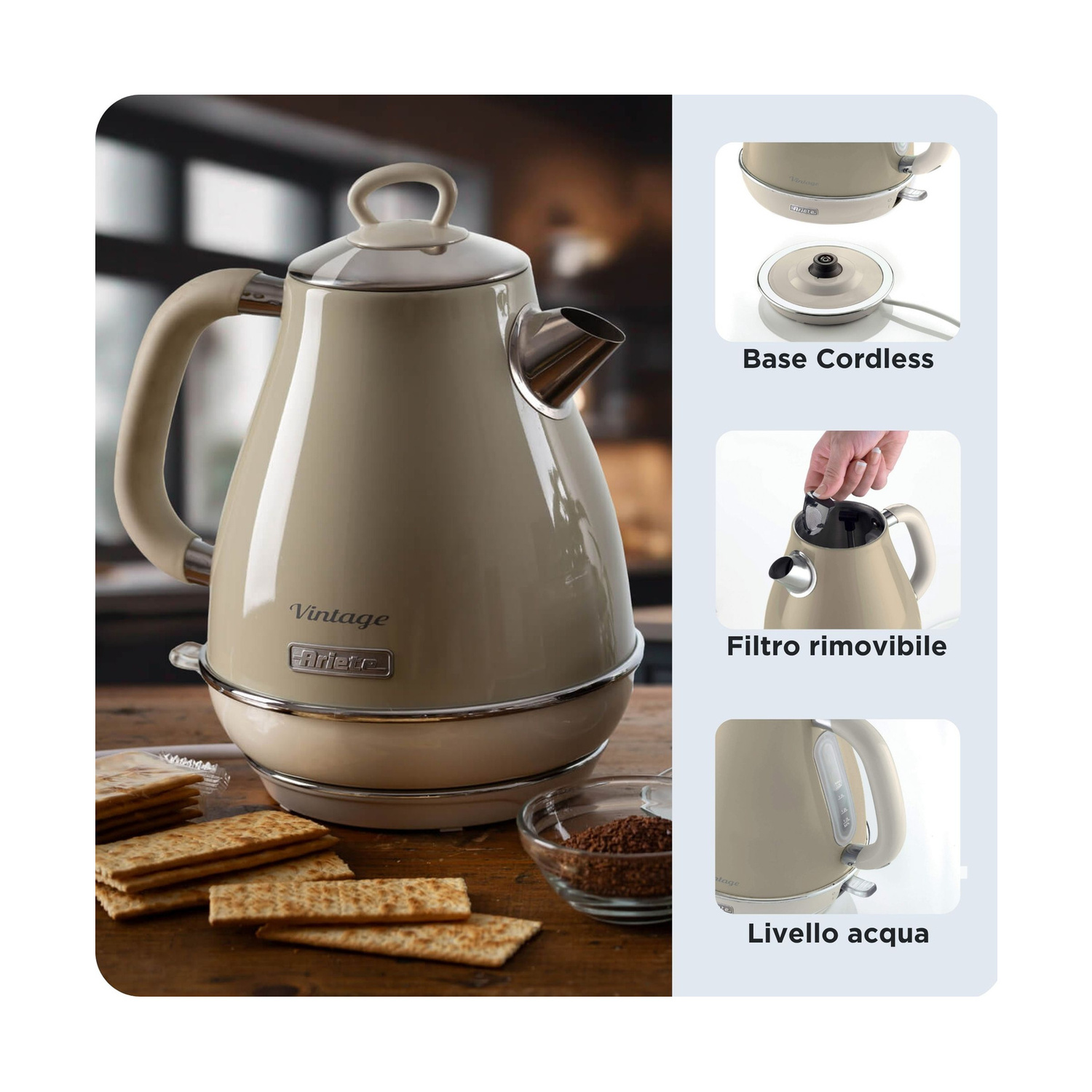 Bollitore Ariete Vintage beige con base senza filtri, filtro e livello acqua.