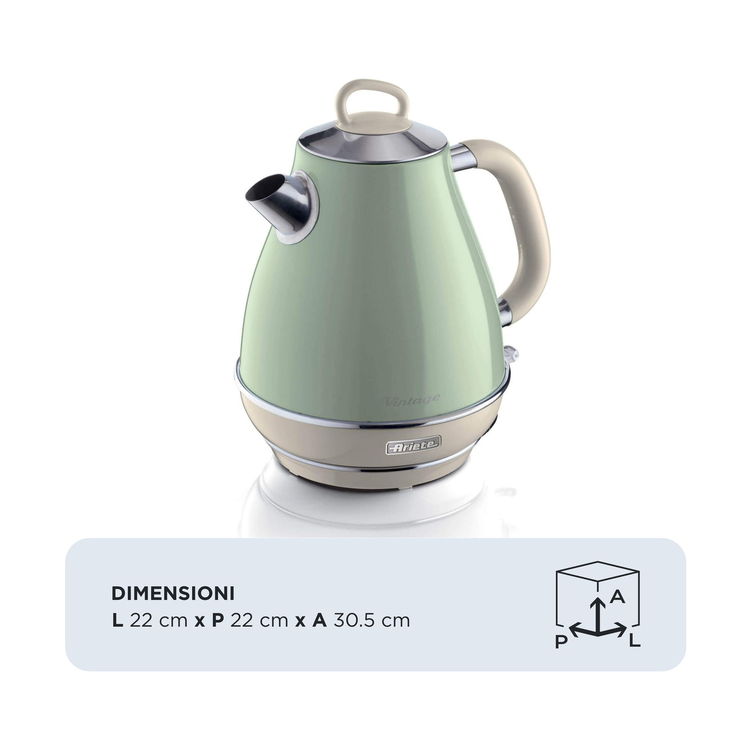 Un bollitore elettrico Ariete Vintage verde menta con dettagli beige, che misura 22 x 22 x 30,5 cm.