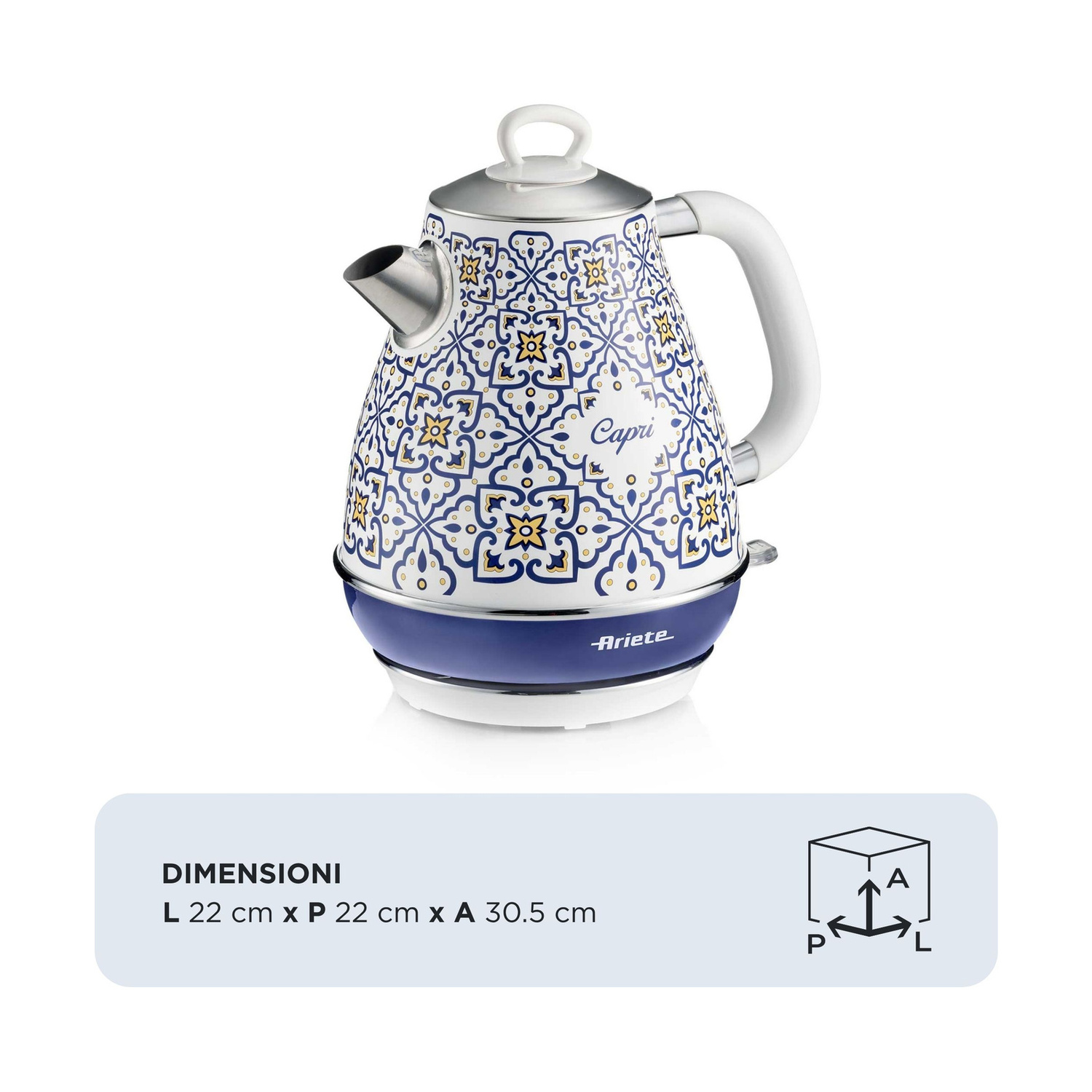Bollitore elettrico Ariete Capri blu e bianco con motivo mediterraneo e dimensioni.