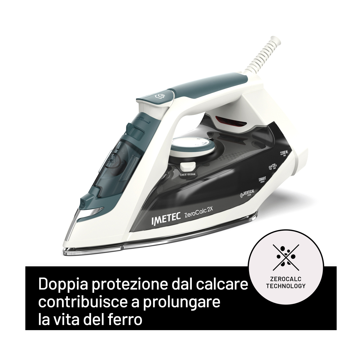 Ferro da stiro a vapore Imetec bianco e nero con tecnologia ZeroCalc e testo in basso.