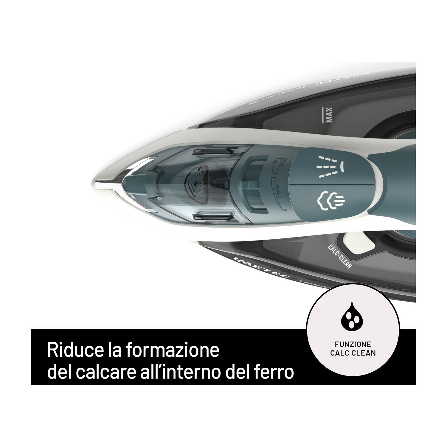 Vista dall'alto di un ferro da stiro Imetec grigio e bianco con funzione calc-clean per ridurre il calcare.