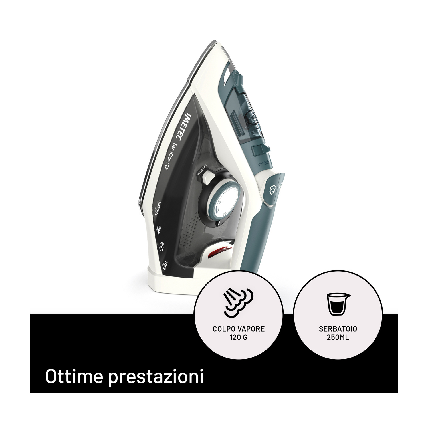 Ferro da stiro a vapore Imetec bianco e nero con colpo di vapore da 120g e serbatoio da 250ml.