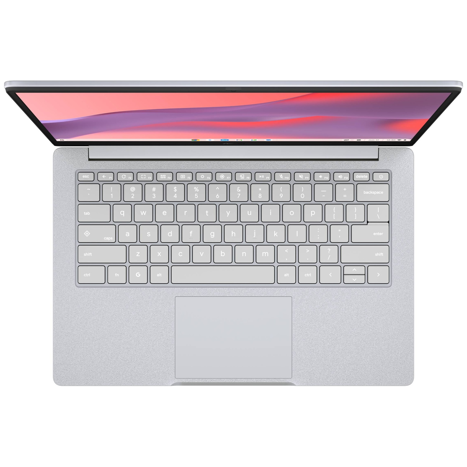 Vue de dessus d'un ordinateur portable argenté avec écran coloré et clavier QWERTY.