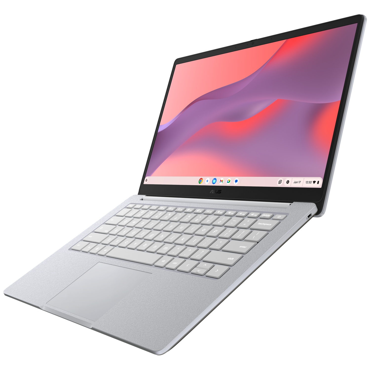 Un ordinateur portable argenté avec écran ouvert et clavier intégré, isolé sur fond blanc.