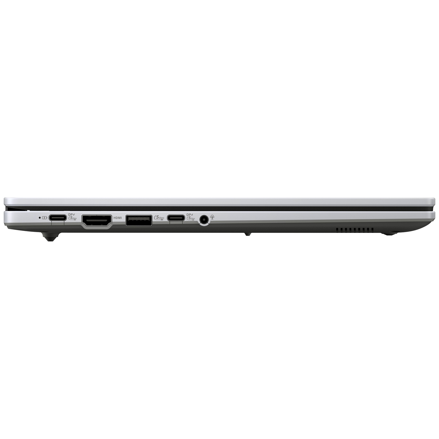 Côté gauche d'un ordinateur portable argenté avec ports USB-C, HDMI, USB-A et audio sur fond blanc.
