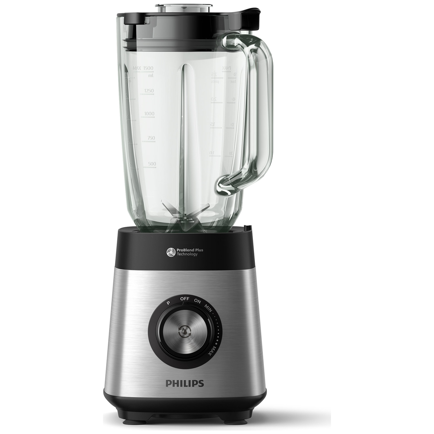 Un blender Philips argenté avec un grand bol en verre et un bouton de commande noir sur fond blanc.