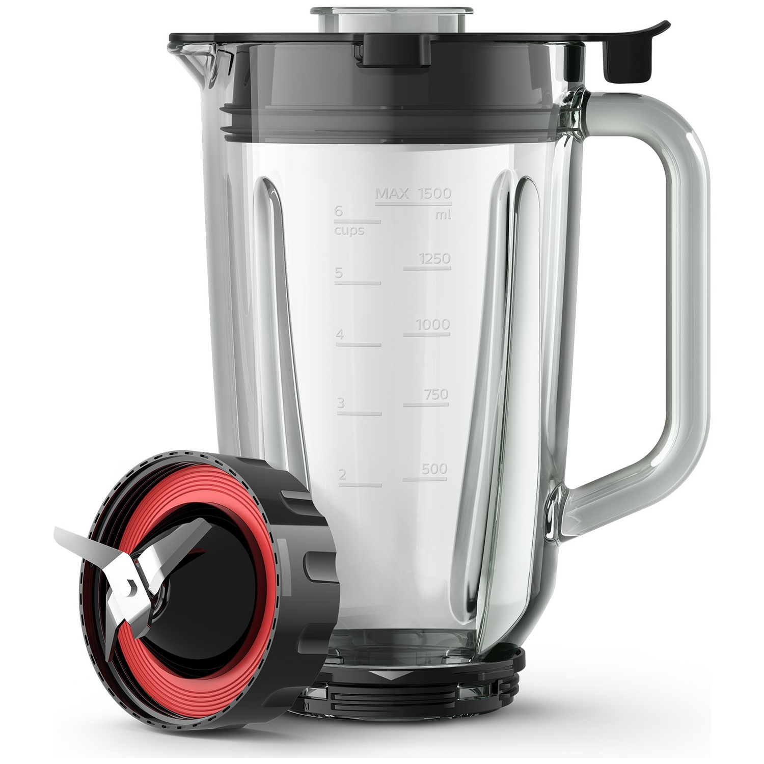 Un bol de blender en verre transparent avec graduations, couvercle noir et une base de lames avec anneau rouge.