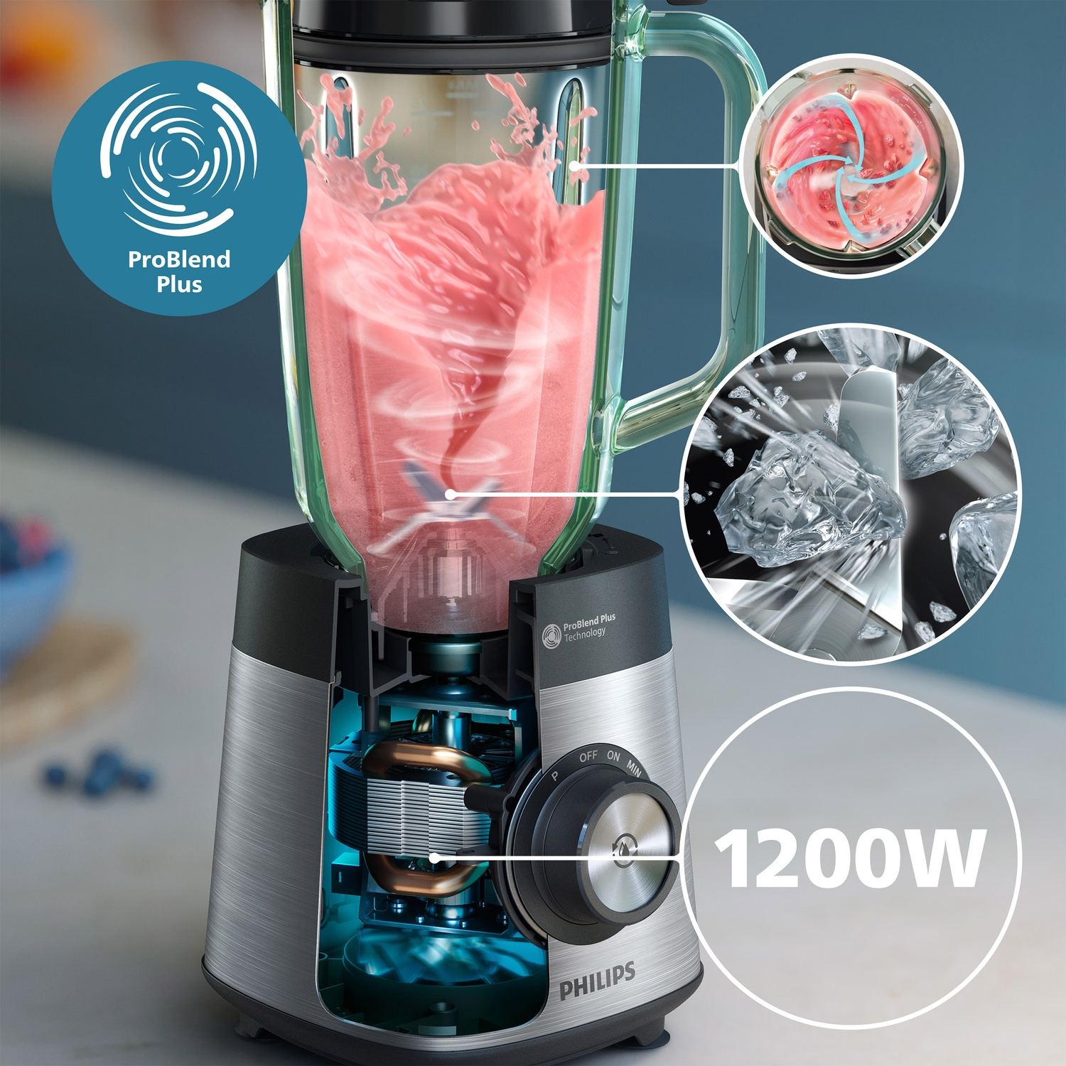 Coupe transversale d'un blender Philips 1200W avec smoothie rose et glace pilée.