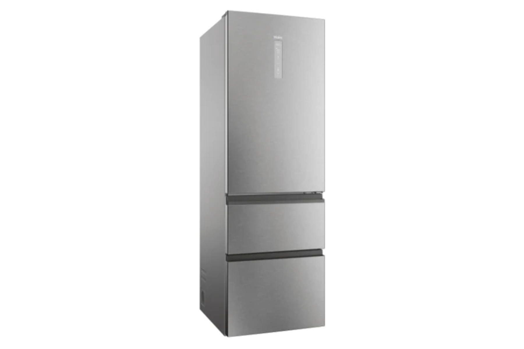 Moderna combinación de frigorífico y congelador Haier plateada con puerta superior y dos cajones inferiores.