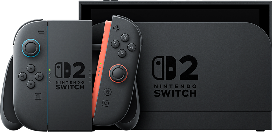 Una console Nintendo Switch 2 nera con controller Joy-Con rimovibili e una grande base di ricarica.