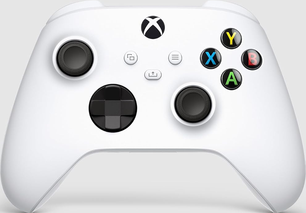 Ein weißer Xbox-Controller mit schwarzen Sticks, einem D-Pad und farbigen ABXY-Tasten.