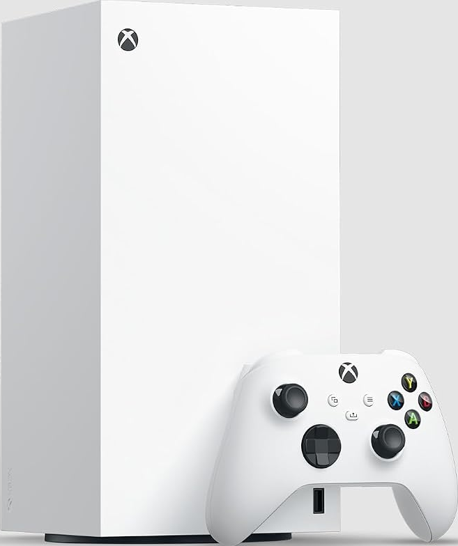 Eine weiße Xbox Series X Konsole mit passendem weißen Controller vor hellem Hintergrund.