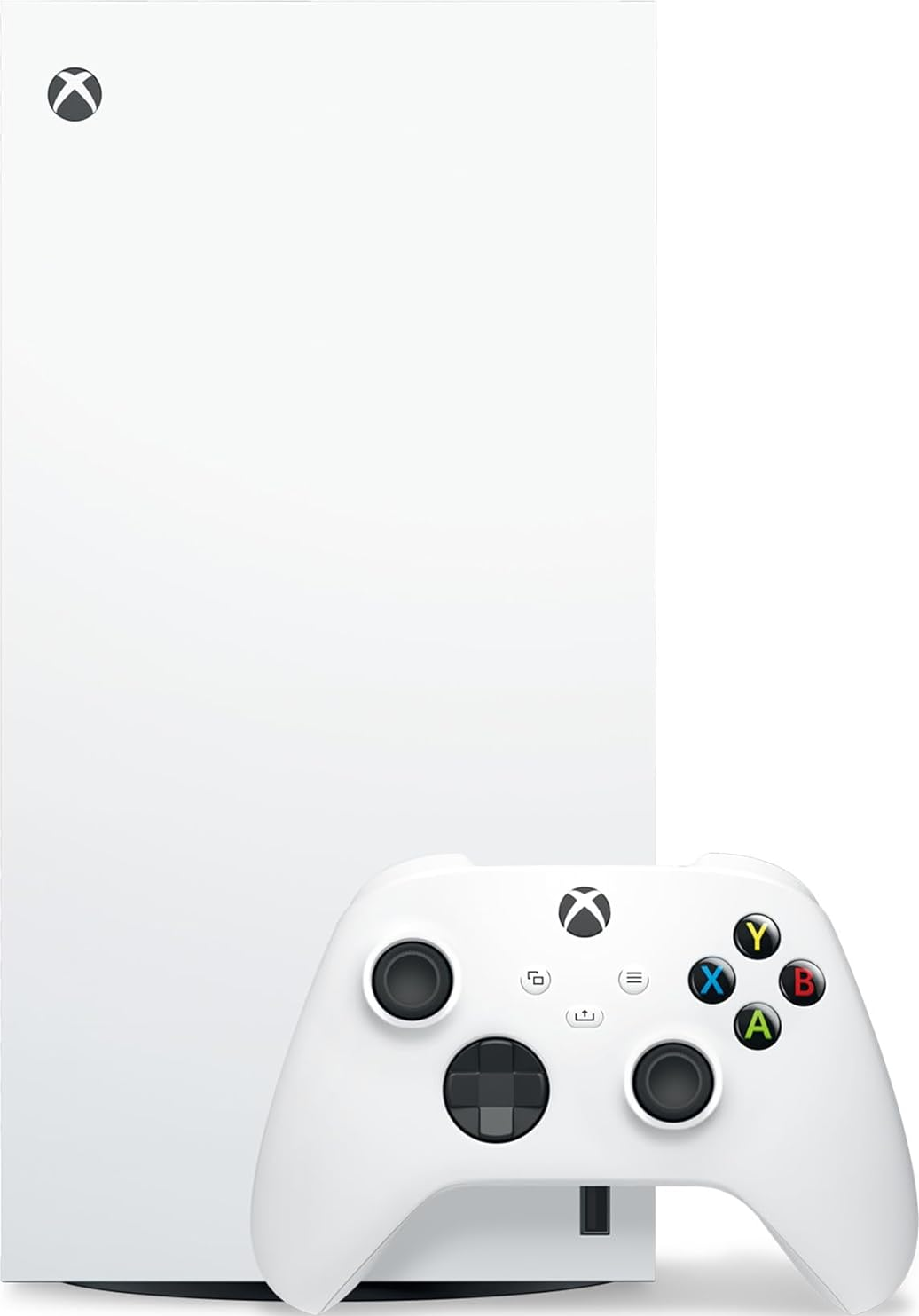 Eine weiße Xbox Series S Konsole mit einem passenden weißen Controller auf weißem Hintergrund.