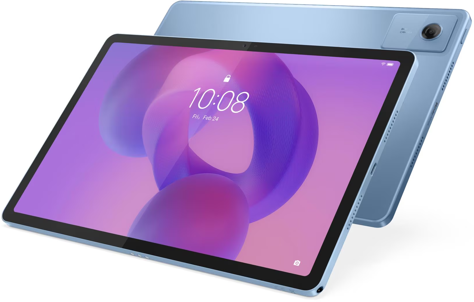 Egy kék tablet lila hátteret mutat 10:08-as idővel, mögötte egy második tablettel.
