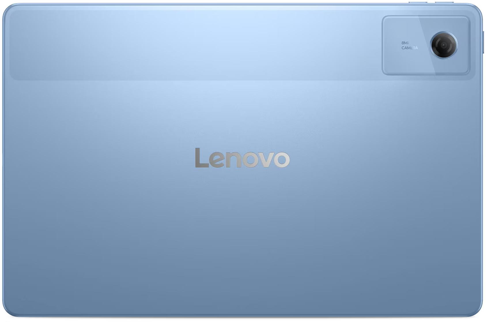 Egy kék Lenovo tablet hátoldala középső ezüst logóval és kamera modulul.